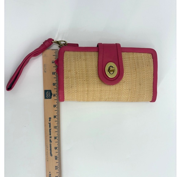 Coach Straw & Pink Leather Turnlock Wristlet Clutch | Summer Resort - Picture 11 of 11